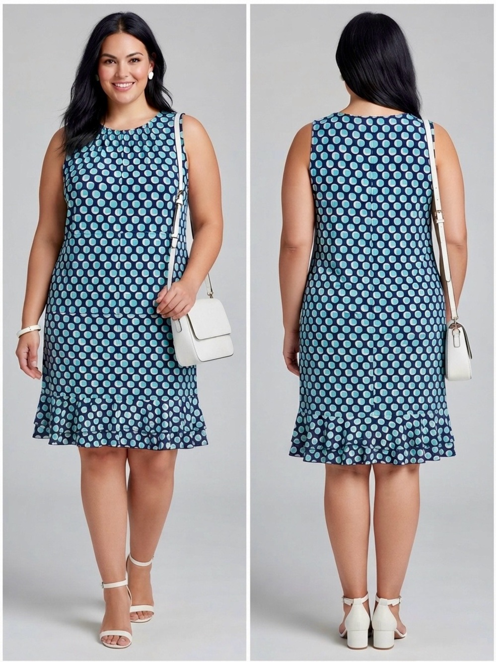 R&K Originals Navy & Turquoise Geometric Dot Ruffle Hem Sleeveless Dress - XL